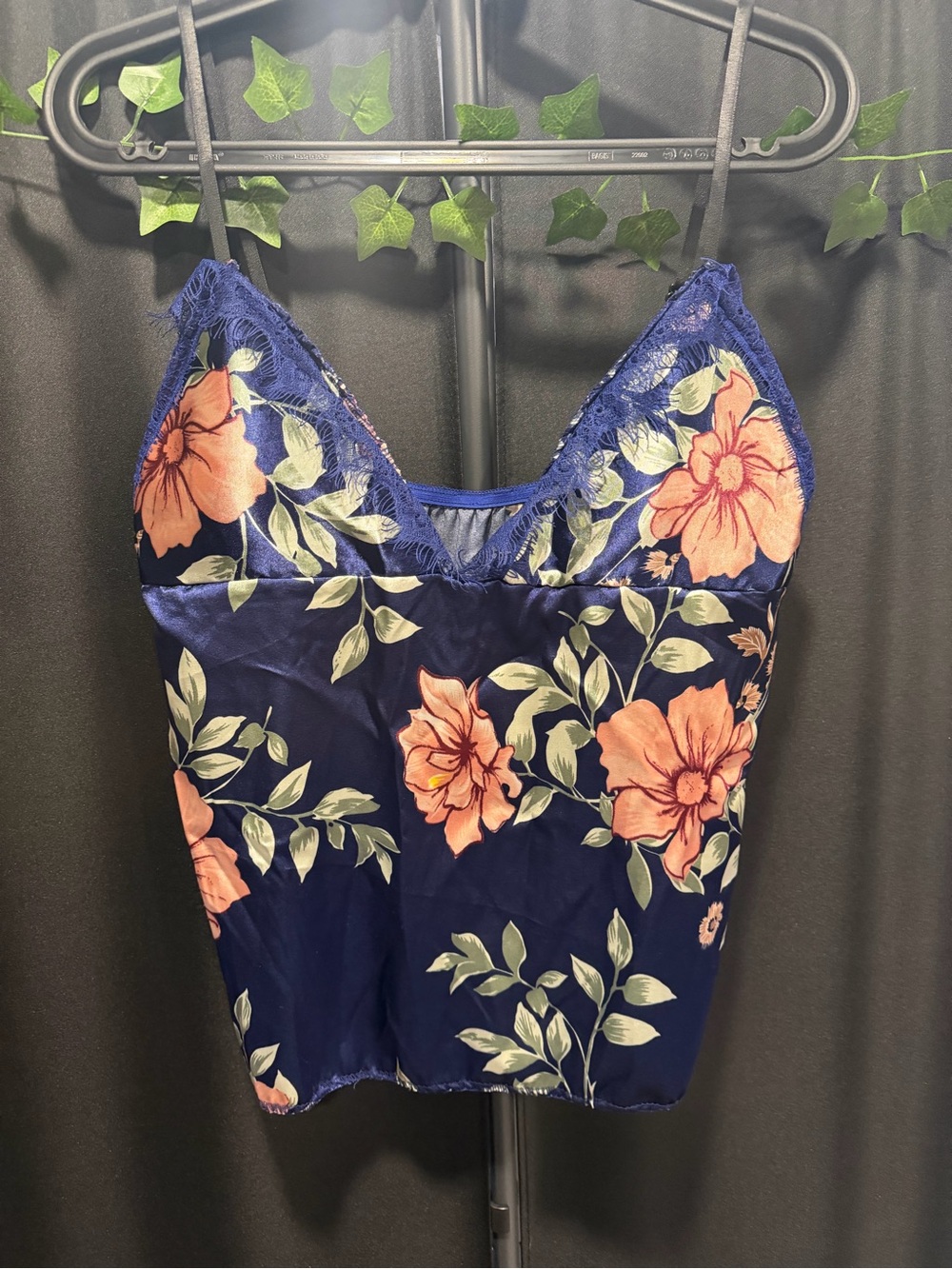 Floral Lace-Trim Satin Cami Top - Navy with Peach Blooms
